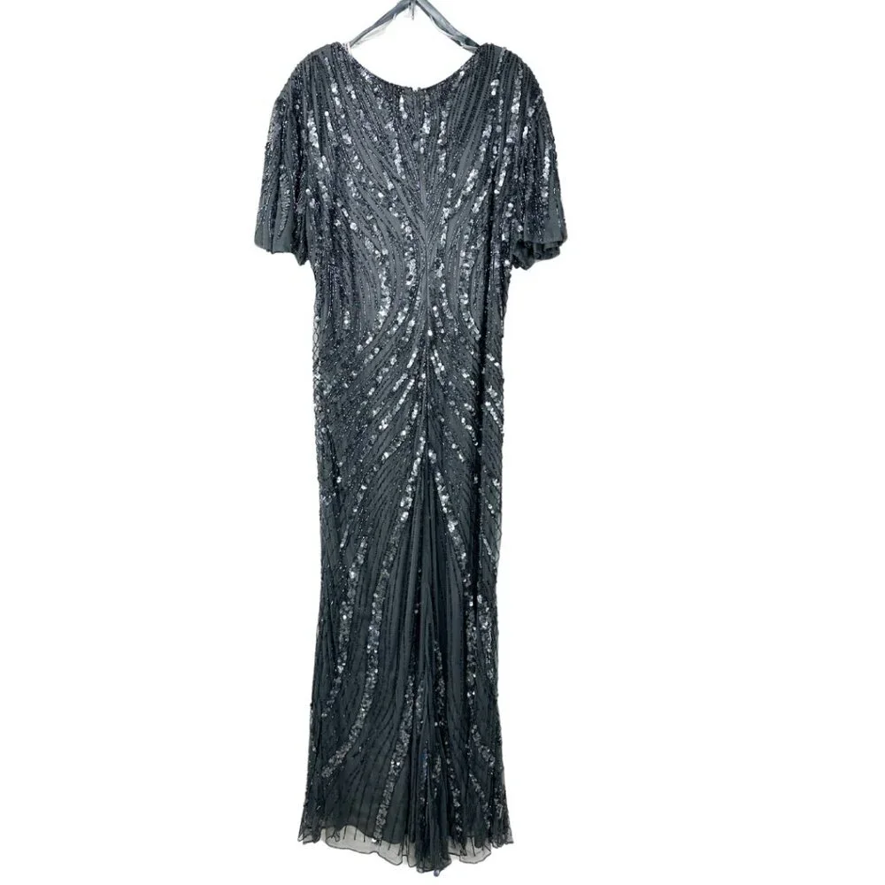 NWT Mac Duggal Flutter Sleeve Embellished Dress Pewter 18W - Picture 5 of 8